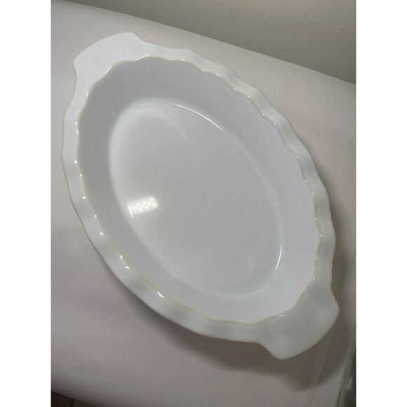 Emile Henry Baking Dish Ruffled Fluted Mustard Yellow White France 10.5 x 7" - Picture 2 of 5